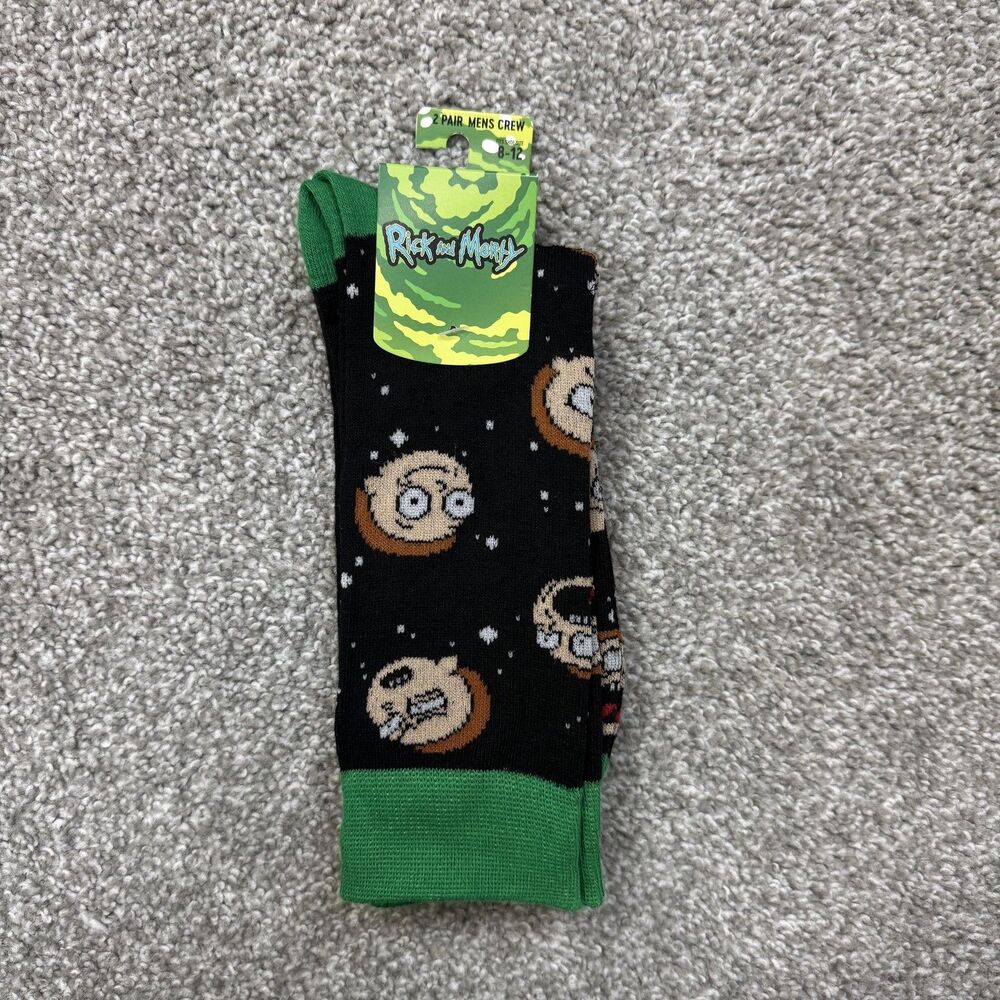 Bioworld Socks Mens 10-13 Black Rick & Morty Crew Novelty 2 Pair Adult Swim